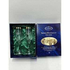 Duiske Claddah Irish Handcut Set Etched Glass Irish Gold Band Flutes New In Box‎